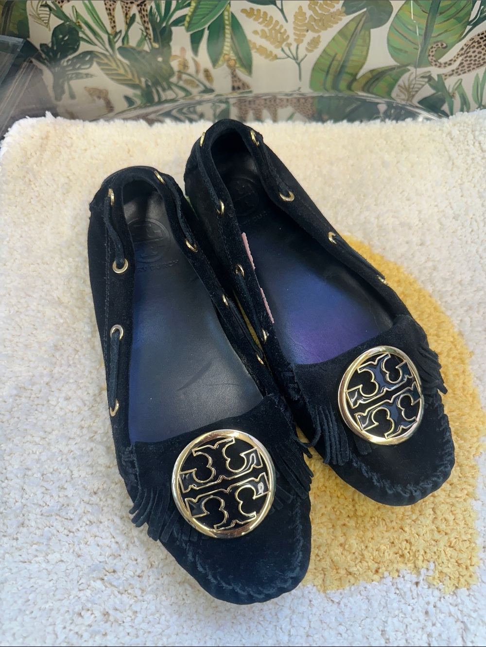 Tory Burch Women’s Black Suede Tassel Moccasins with Gold Medallion